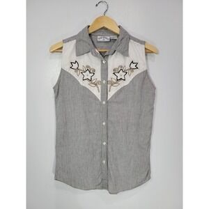Side Saddle Womens Sleeveless Western Shirt Grey White Striped Floral Beaded S